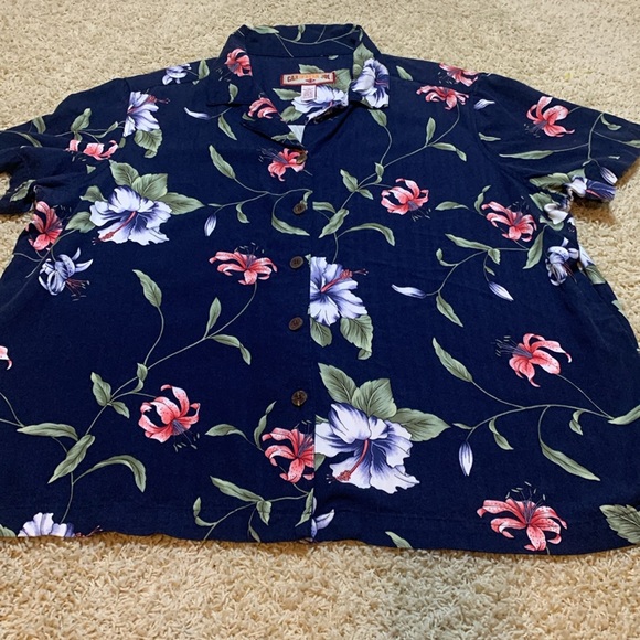 Caribbean JoE Hawaiian women’s SZ 2X short sleeve navy floral brown button - Picture 5 of 15